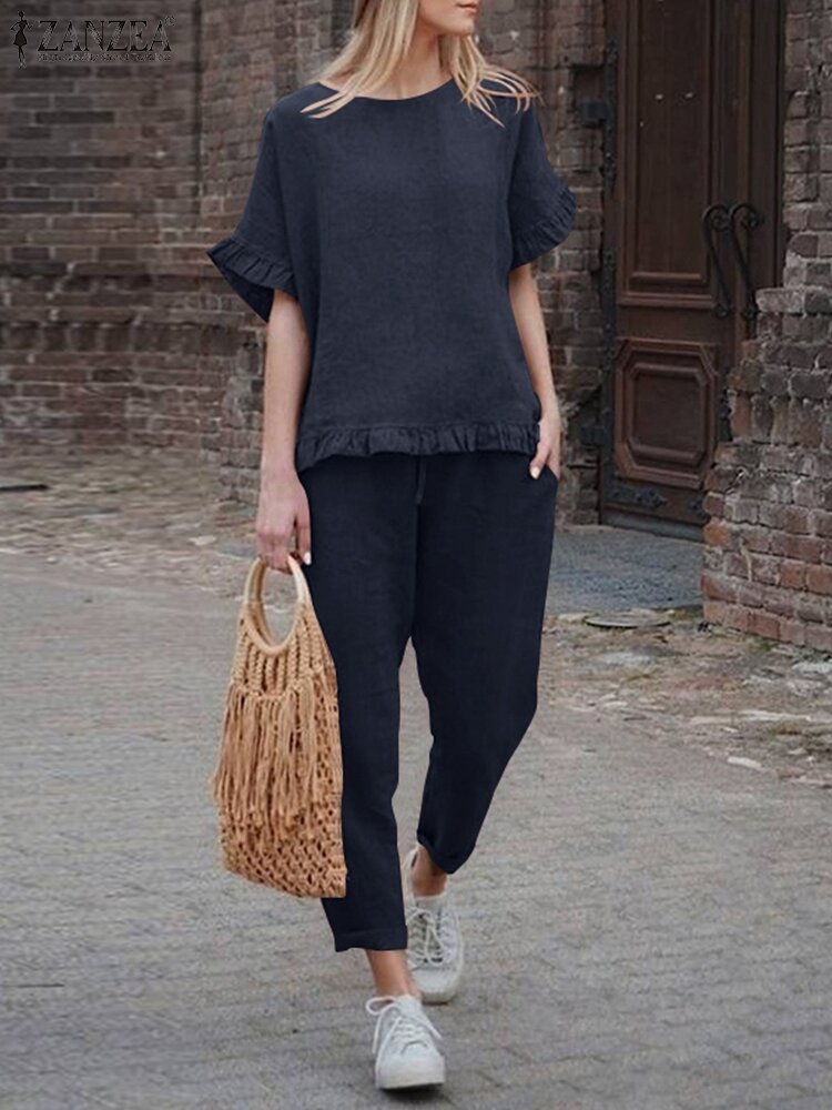 Solid Ruffle Pocket Half Sleeve Round Neck Suit Solid Ruffle Pocket Half Sleeve Round Neck Suit