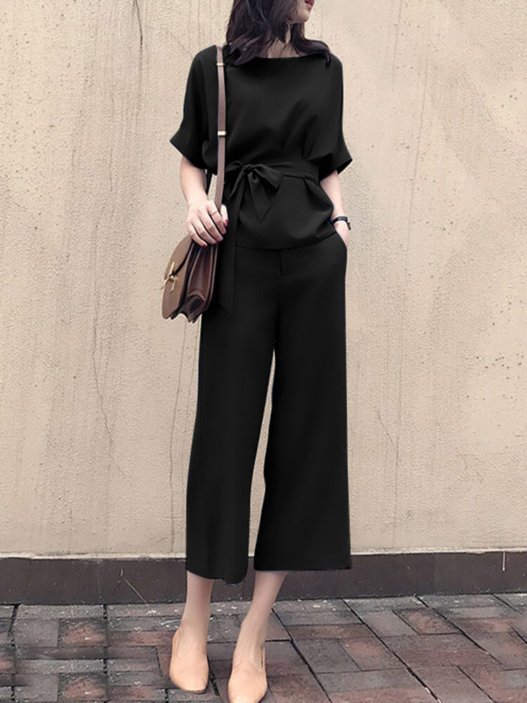 Solid Belt Pocket Rolled Sleeve Wide Leg Two Pieces Suit Solid Belt Pocket Rolled Sleeve Wide Leg Two Pieces Suit