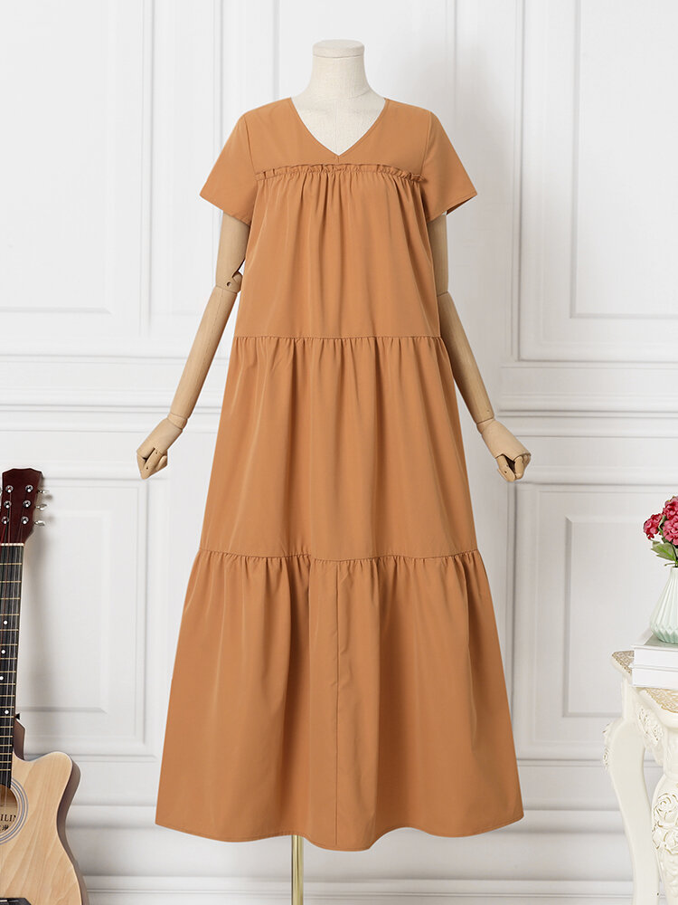 Solid Lettuce Edge V neck Short Sleeve Swing Maxi Dress Solid Lettuce Edge V neck Short Sleeve Swing Maxi Dress