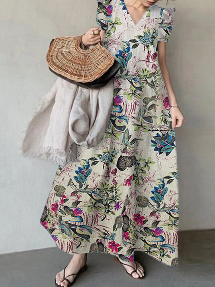 Plant Print Sleeveless Ruffle V Neck Cotton Maxi Dress