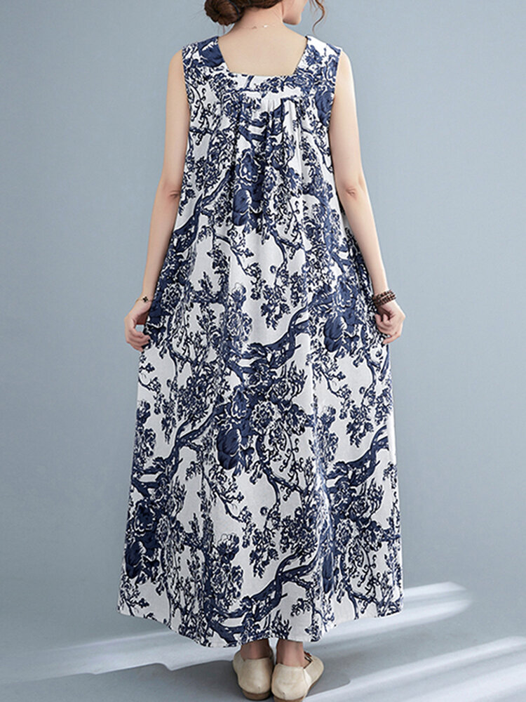 Plant Print Ruched Sleeveless Casual Maxi Cotton Dress Plant Print Ruched Sleeveless Casual Maxi Cotton Dress