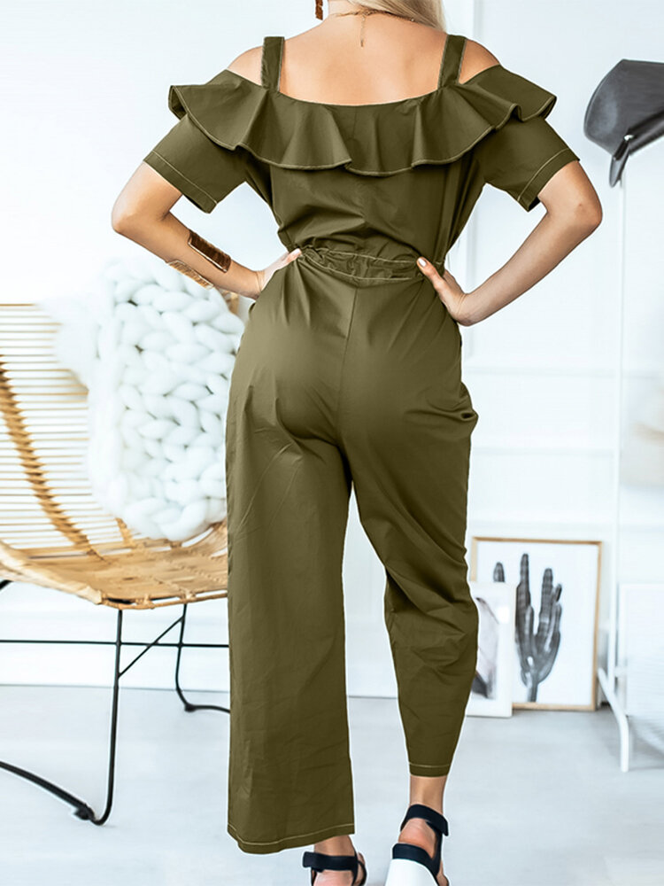 Solid Color Button Pocket Drawstring Off shoulder Ruffle Casual Jumpsuit Solid Color Button Pocket Drawstring Off shoulder Ruffle Casual Jumpsuit