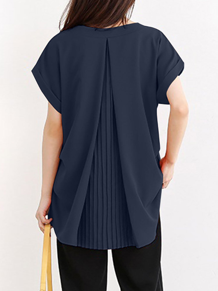 Solid Ruched Short Sleeve V Neck Casual Blouse