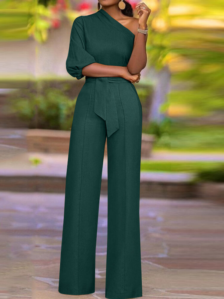 High Waist Solid Pocket Asymmetrical One Shoulder Jumpsuit High Waist Solid Pocket Asymmetrical One Shoulder Jumpsuit