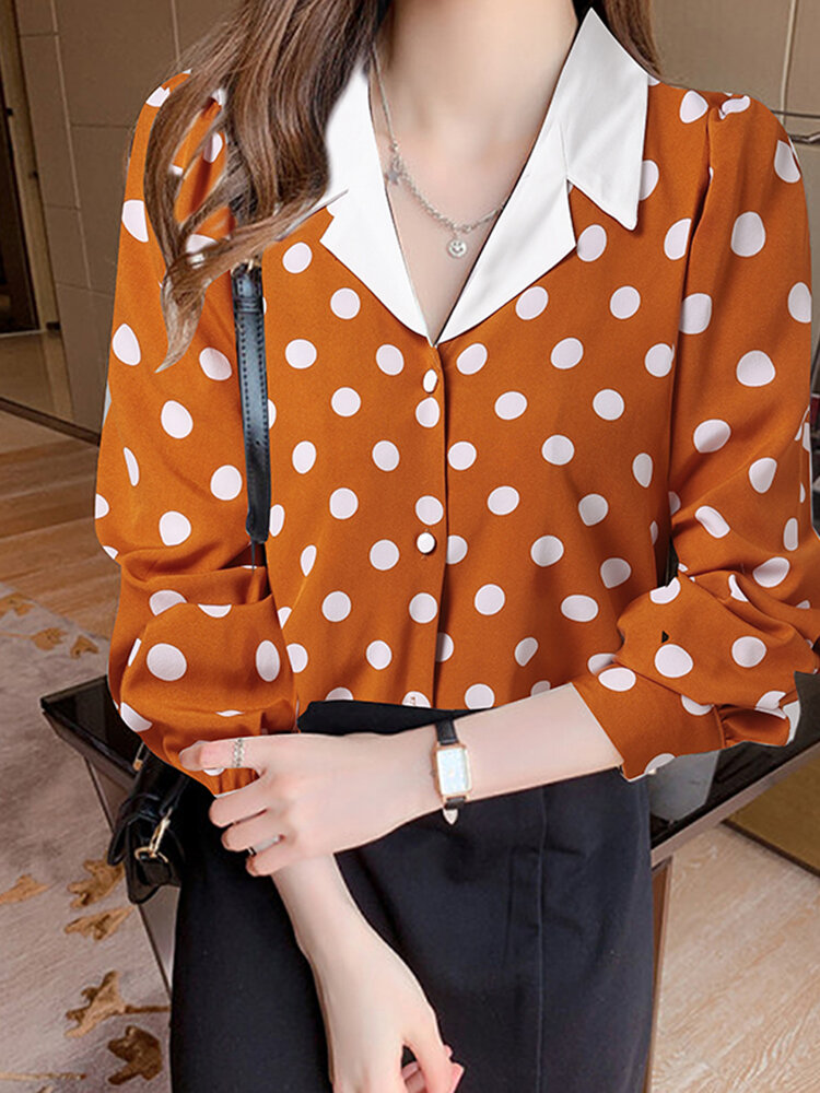 Polka Dot Contrast Color Lapel Button Long Sleeve Casual Shirt Polka Dot Contrast Color Lapel Button Long Sleeve Casual Shirt