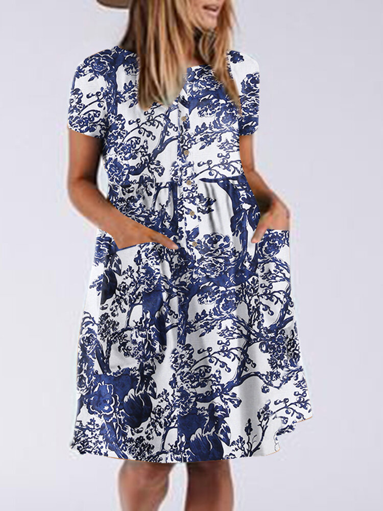 Cotton Plant Print Button Pocket Short Sleeve Midi Dress Cotton Plant Print Button Pocket Short Sleeve Midi Dress