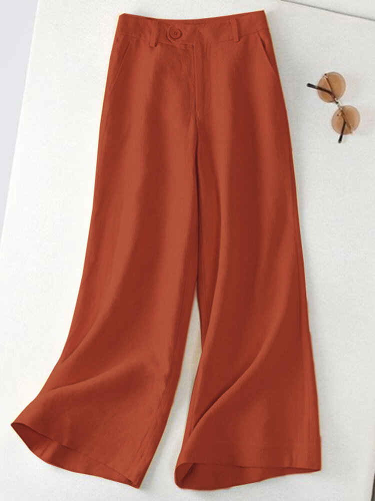Leisure Solid Button Pocket Wide Leg Cotton Pants Leisure Solid Button Pocket Wide Leg Cotton Pants