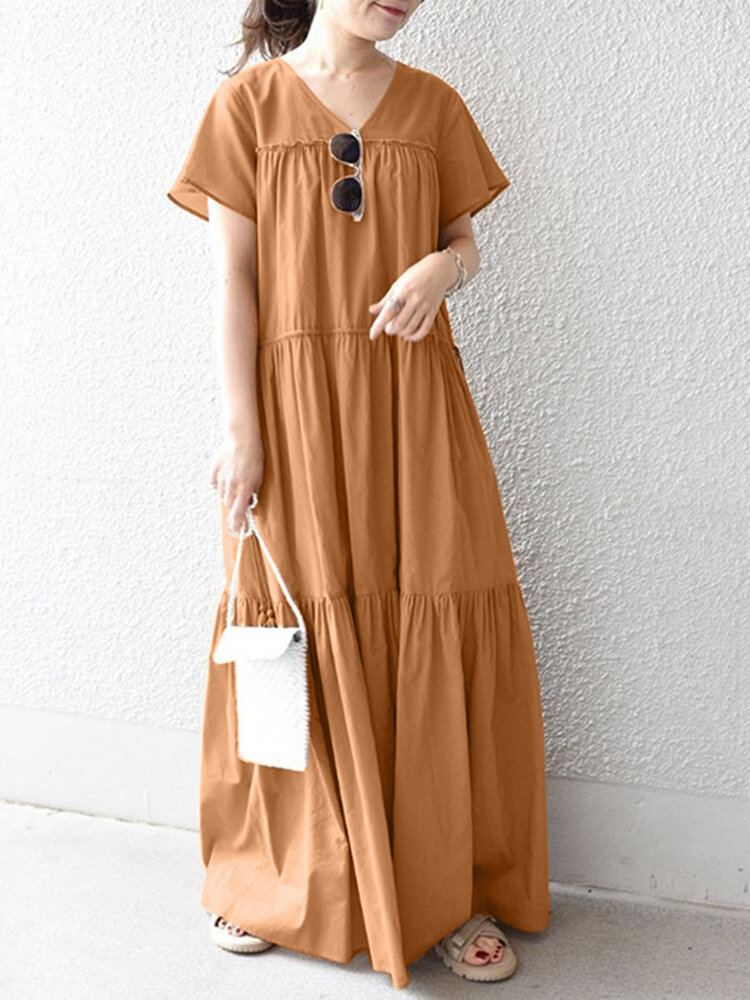Solid Lettuce Edge V neck Short Sleeve Swing Maxi Dress Solid Lettuce Edge V neck Short Sleeve Swing Maxi Dress