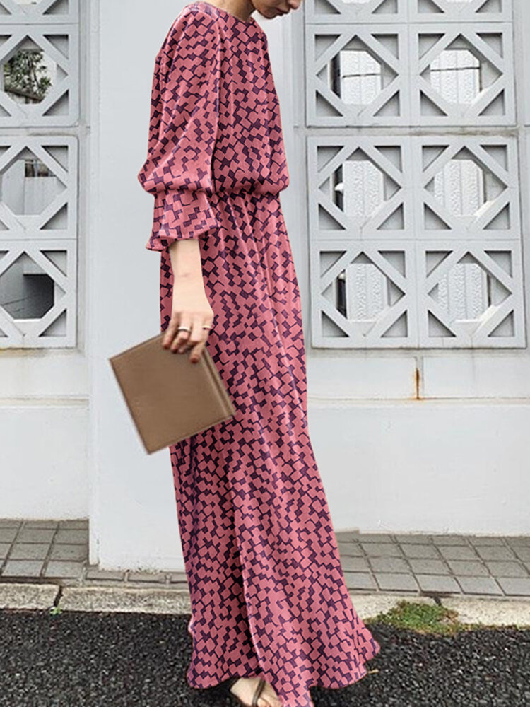 Geo Print Long Sleeve Slit Side Crew Neck Maxi Dress