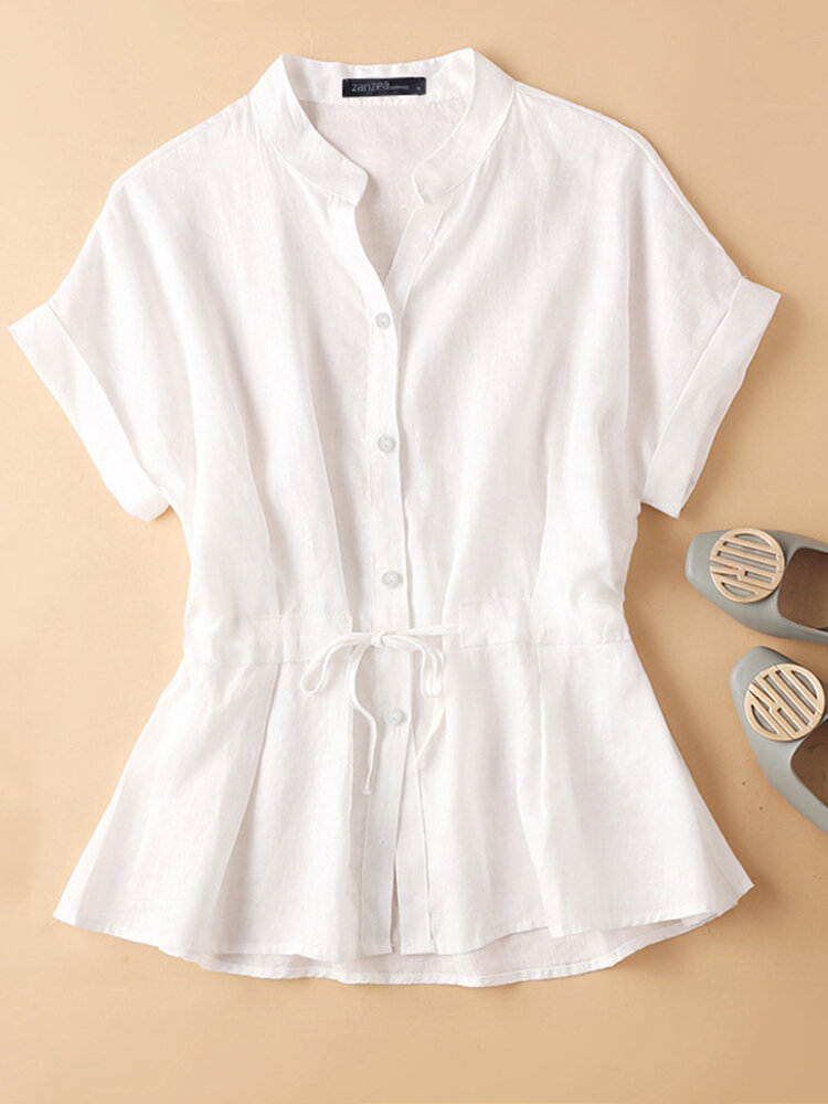 Solid Button Drawstring V Neck Roll Sleeve Casual Cotton Blouse