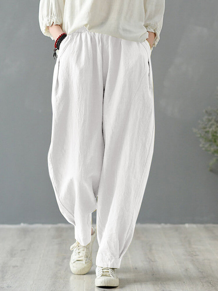 Solid Cotton Pocket Elastic Waist Casual Loose Pants Solid Cotton Pocket Elastic Waist Casual Loose Pants