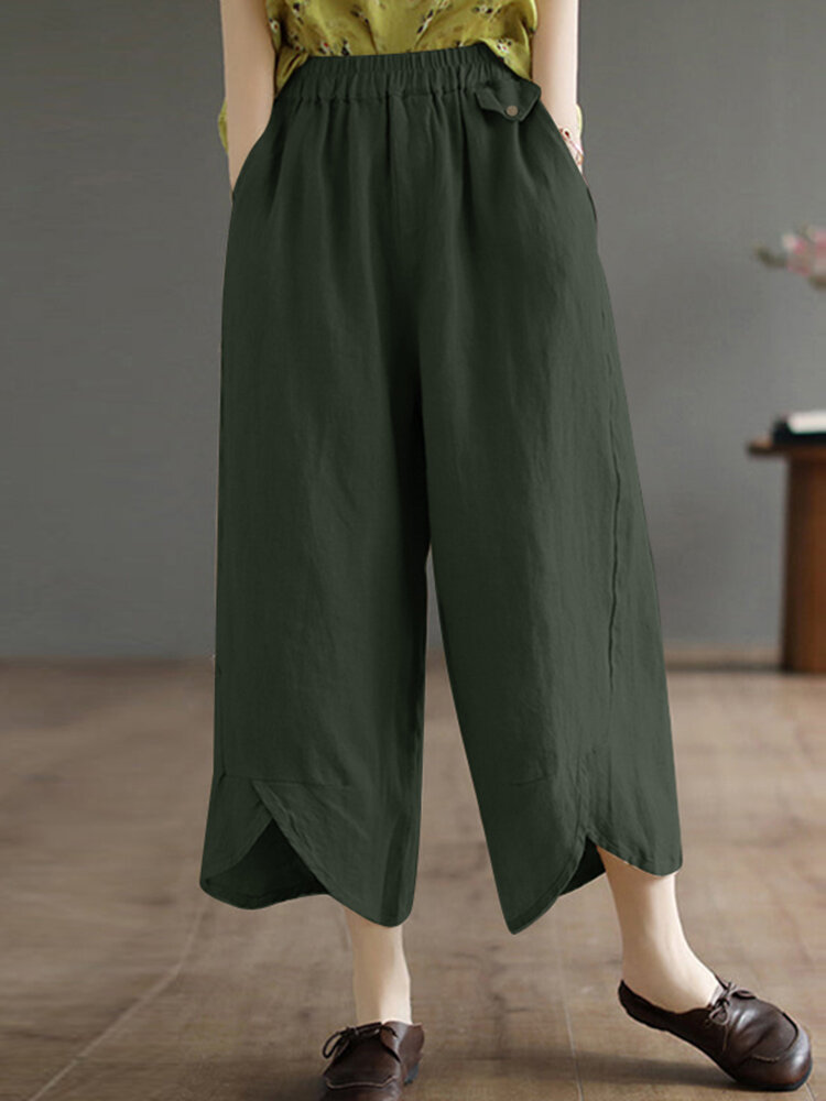 Solid Asymmetrical Hem Pocket Wide Leg Crop Pants Solid Asymmetrical Hem Pocket Wide Leg Crop Pants
