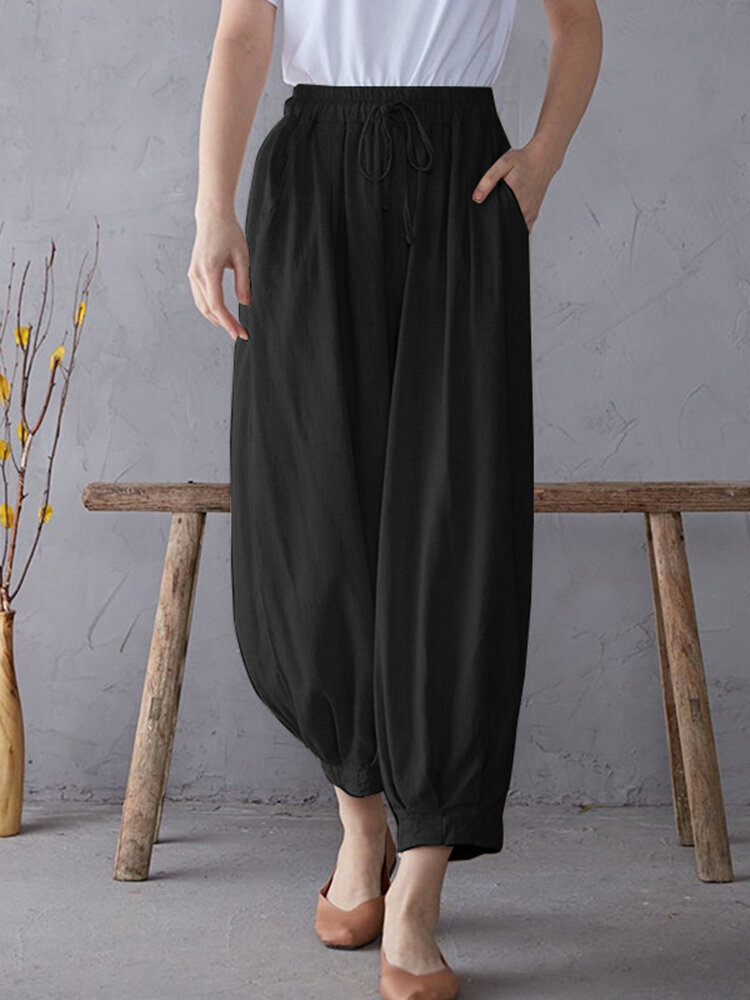 Solid Elastic Waist Drawstring Pocket Cotton Casual Pants Solid Elastic Waist Drawstring Pocket Cotton Casual Pants