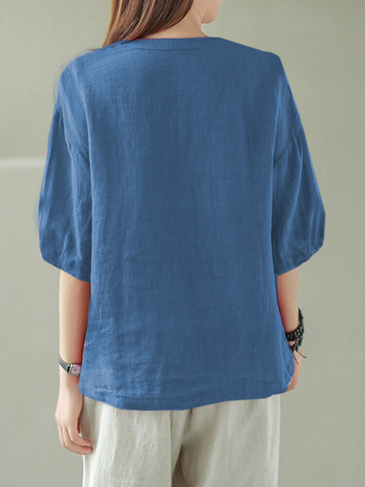 Solid Button Pocket V Neck Half Sleeve Casual Cotton Blouse Solid Button Pocket V Neck Half Sleeve Casual Cotton Blouse