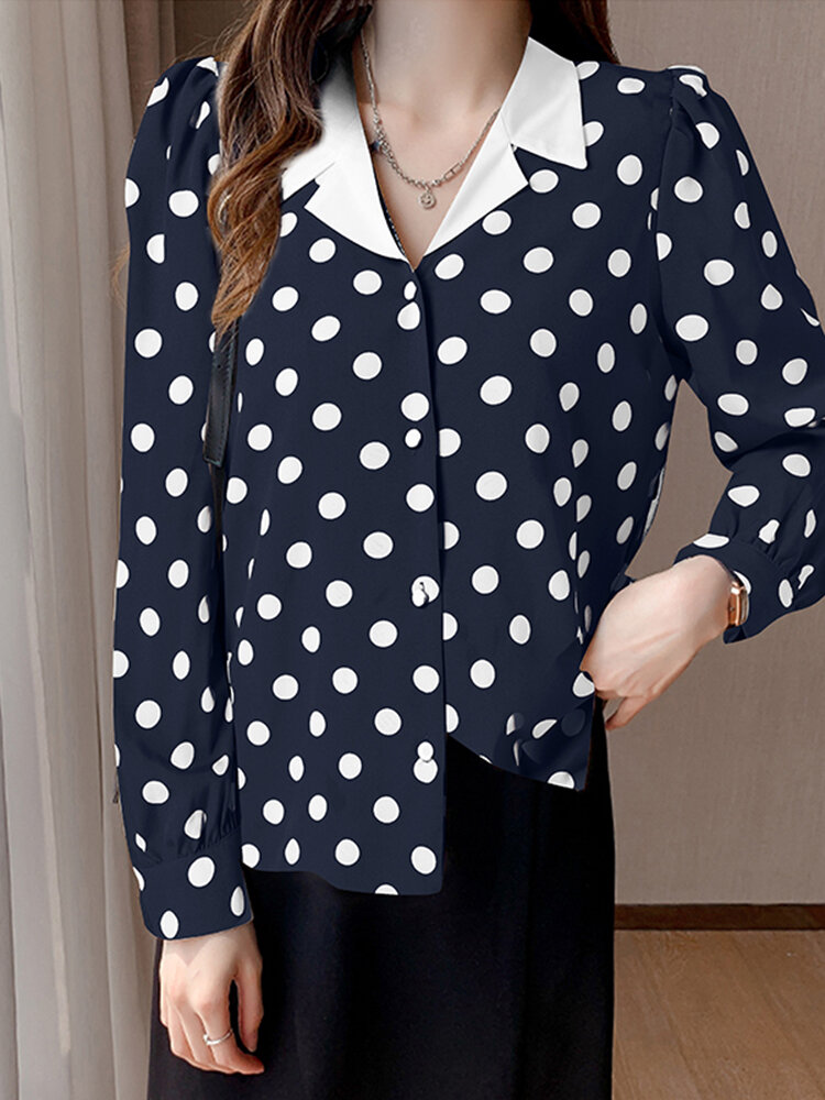 Polka Dot Contrast Color Lapel Button Long Sleeve Casual Shirt Polka Dot Contrast Color Lapel Button Long Sleeve Casual Shirt