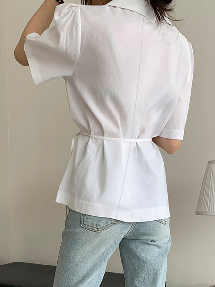 Solid Button Tie Up Lapel Short Sleeve Casual Cotton Blouse Solid Button Tie Up Lapel Short Sleeve Casual Cotton Blouse