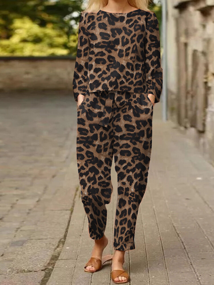 Leopard Print Pocket Tie Long Sleeve Elastic Waist Two Pieces Set Leopard Print Pocket Tie Long Sleeve Elastic Waist Two Pieces Set