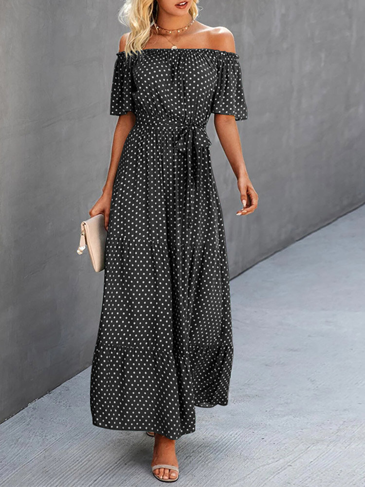 Dot Print Off Shoulder Short Sleeve Dress With Belt Dot Print Off Shoulder Short Sleeve Dress With Belt