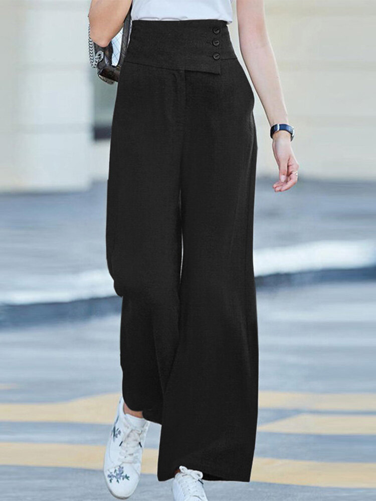 Solid Pocket Button Wide Leg High Waist Casual Pants Solid Pocket Button Wide Leg High Waist Casual Pants