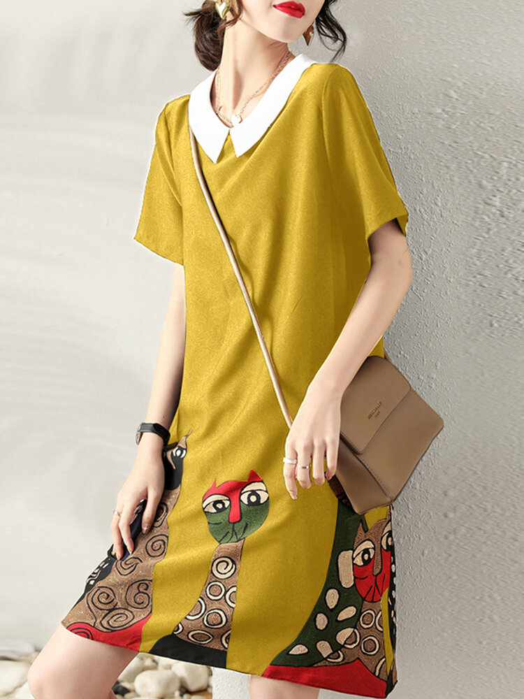 Cartoon Cat Print Contrast Peter Pan Collar Short Sleeve Dress Cartoon Cat Print Contrast Peter Pan Collar Short Sleeve Dress
