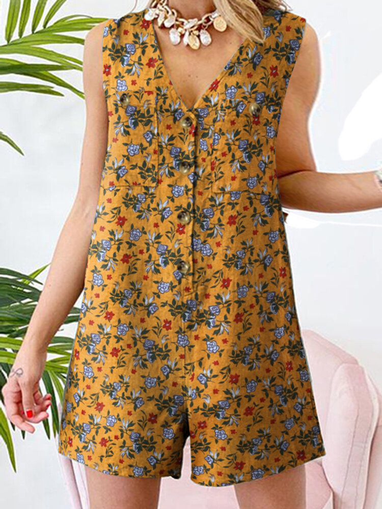 Leisure Calico Button Pocket Sleeveless V Neck Cotton Romper Leisure Calico Button Pocket Sleeveless V Neck Cotton Romper