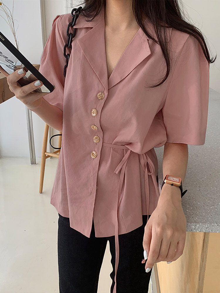 Solid Button Tie  Up Lapel Short Sleeve Casual Cotton Blouse