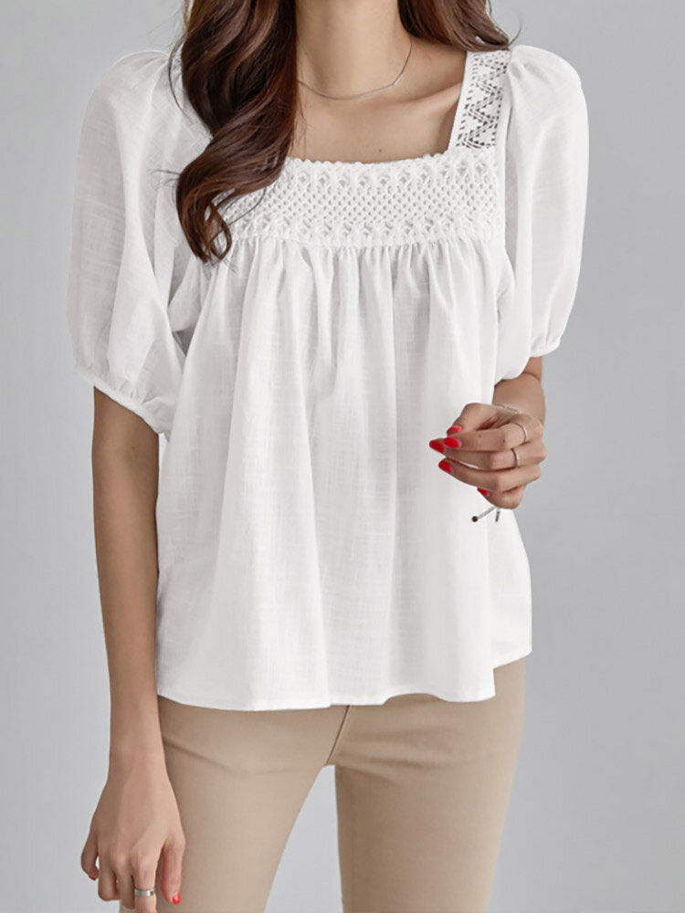 Solid Lace Patchwork Square Collar Short Sleeve Casual Cotton Blouse Solid Lace Patchwork Square Collar Short Sleeve Casual Cotton Blouse