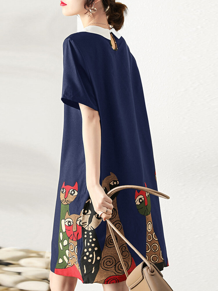Cartoon Cat Print Contrast Peter Pan Collar Short Sleeve Dress