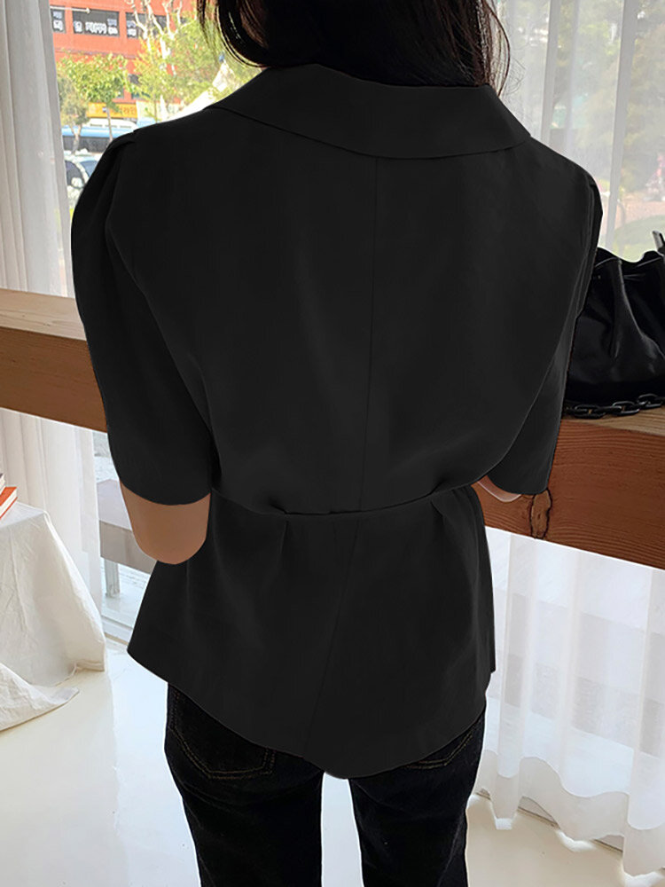 Solid Button Tie Up Lapel Short Sleeve Casual Cotton Blouse Solid Button Tie Up Lapel Short Sleeve Casual Cotton Blouse