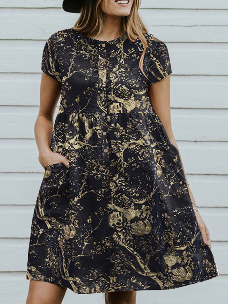 Cotton Plant Print Button Pocket Short Sleeve Midi Dress