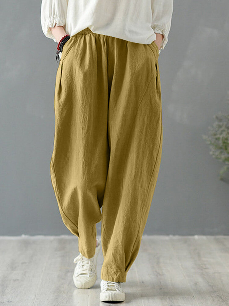 Solid Cotton Pocket Elastic Waist Casual Loose Pants Solid Cotton Pocket Elastic Waist Casual Loose Pants