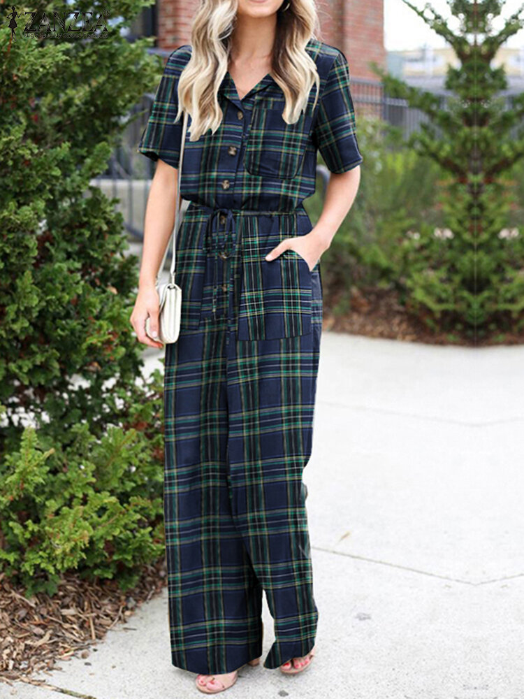Plaid Print Button Pocket Short Sleeve Wide Leg Jumpsuit Plaid Print Button Pocket Short Sleeve Wide Leg Jumpsuit