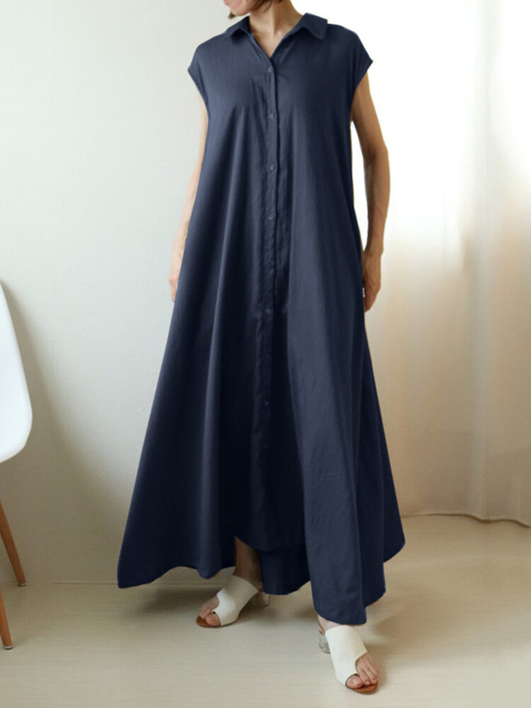 Solid Button Lapel Ruched Short Sleeve Maxi Shirt Dress Solid Button Lapel Ruched Short Sleeve Maxi Shirt Dress
