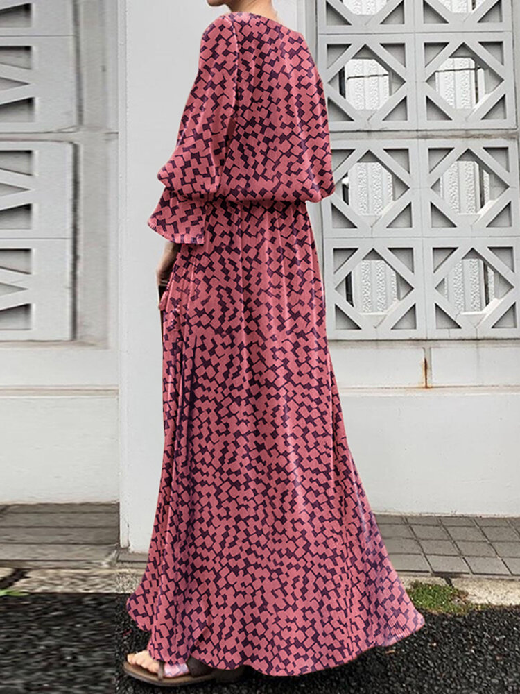 Geo Print Long Sleeve Slit Side Crew Neck Maxi Dress Geo Print Long Sleeve Slit Side Crew Neck Maxi Dress