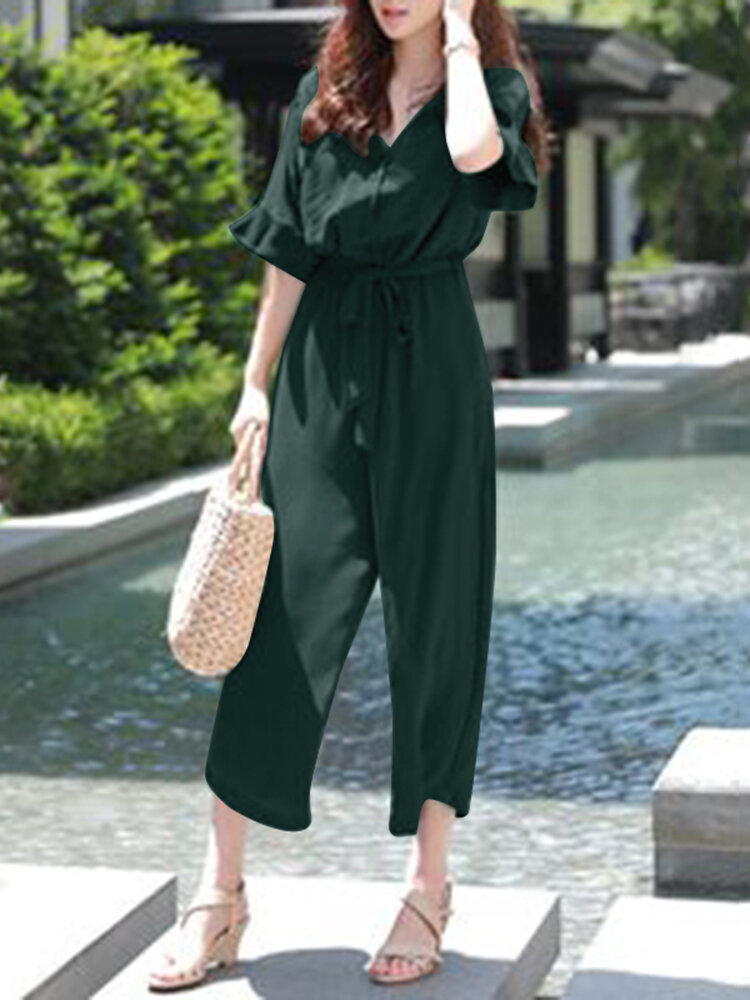 Solid Belt Pocket Button Ruffle Sleeve V neck Jumpsuit Solid Belt Pocket Button Ruffle Sleeve V neck Jumpsuit