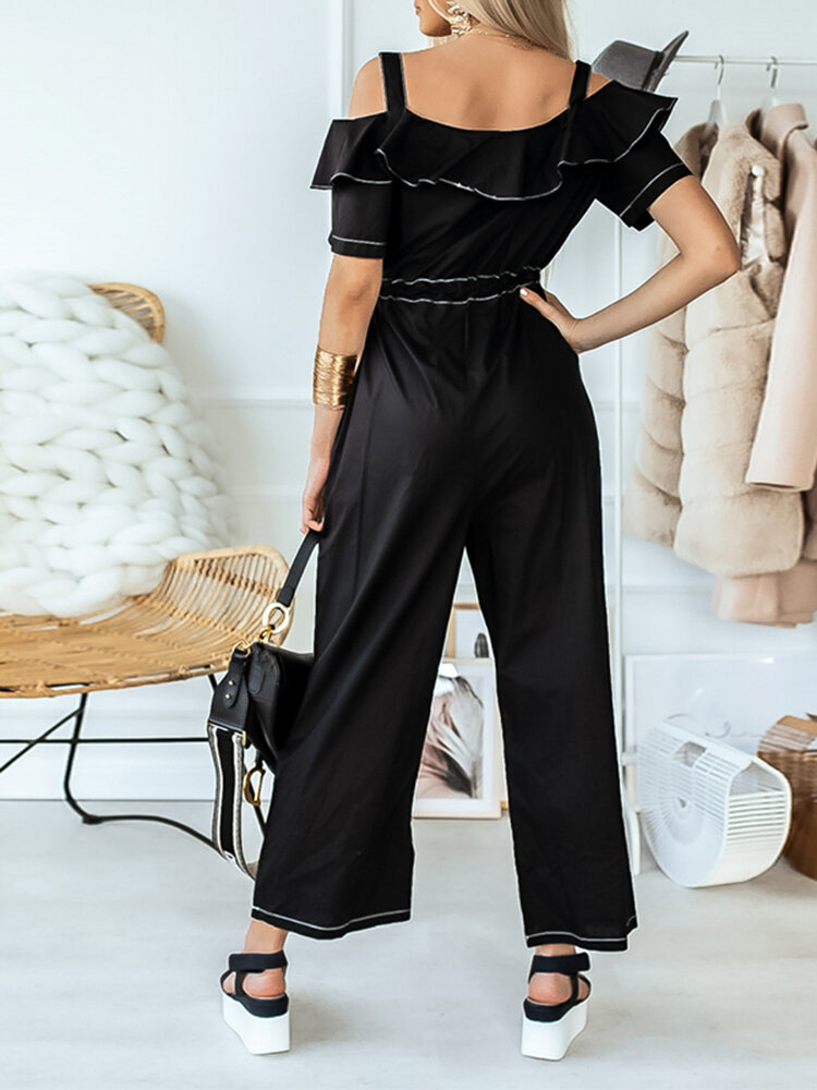 Solid Color Button Pocket Drawstring Off  shoulder Ruffle Casual Jumpsuit