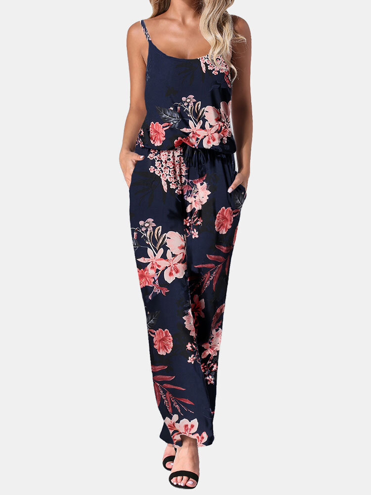 Flower Print Drawstring Pocket Strap Jumpsuit For Women Flower Print Drawstring Pocket Strap Jumpsuit For Women