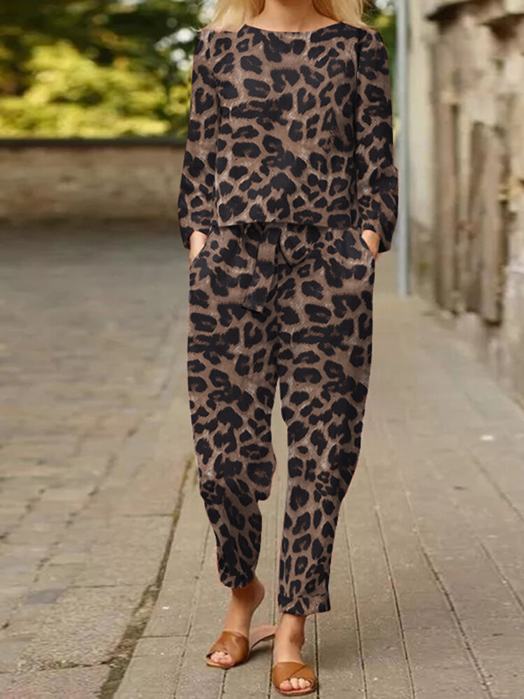 Leopard Print Pocket Tie Long Sleeve Elastic Waist Two Pieces Set Leopard Print Pocket Tie Long Sleeve Elastic Waist Two Pieces Set