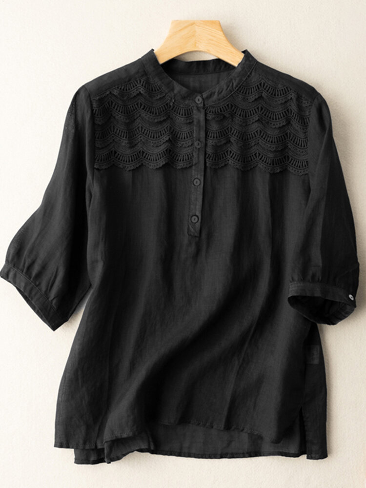 Solid Patchwork Split Stand Collar Casual Blouse Solid Patchwork Split Stand Collar Casual Blouse