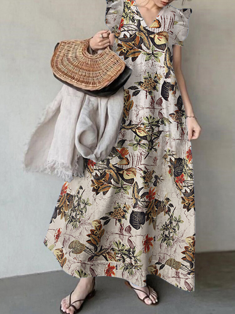 Plant Print Sleeveless Ruffle V Neck Cotton Maxi Dress Plant Print Sleeveless Ruffle V Neck Cotton Maxi Dress