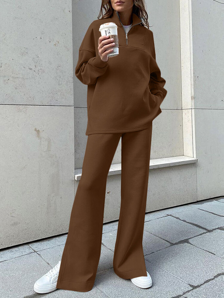 Women Turtleneck Solid Color Ankle Length Zipper Elastic Waist Two Piece Sets Women Turtleneck Solid Color Ankle Length Zipper Elastic Waist Two Piece Sets