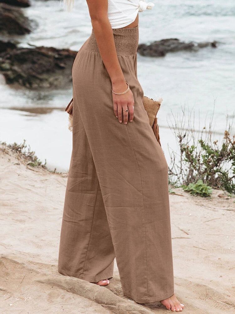 Leisure Solid Shirring Pocket Wide Leg Cotton Pants Leisure Solid Shirring Pocket Wide Leg Cotton Pants