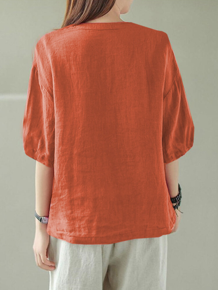 Solid Button Pocket V Neck Half Sleeve Casual Cotton Blouse Solid Button Pocket V Neck Half Sleeve Casual Cotton Blouse