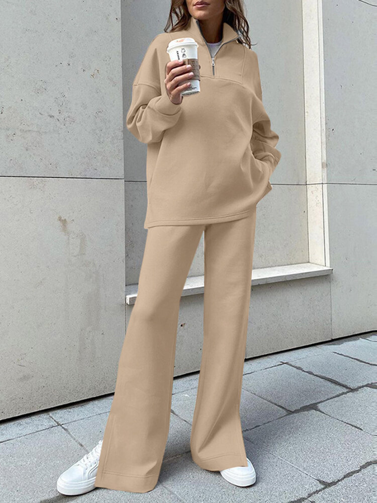 Women Turtleneck Solid Color Ankle Length Zipper Elastic Waist Two  Piece Sets