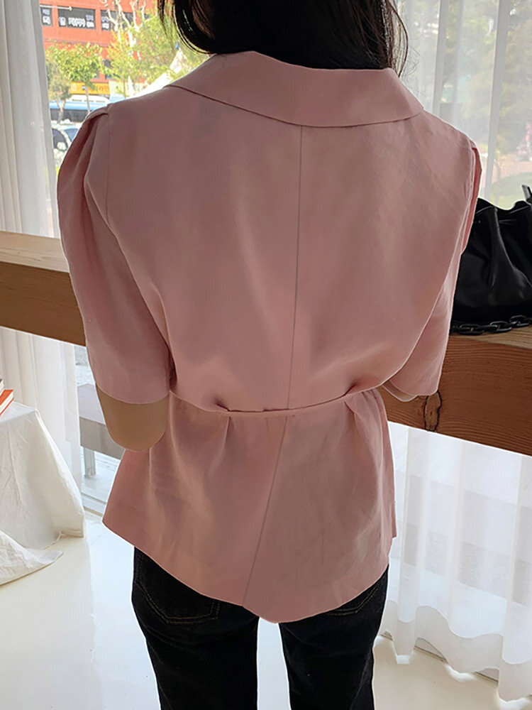 Solid Button Tie  Up Lapel Short Sleeve Casual Cotton Blouse