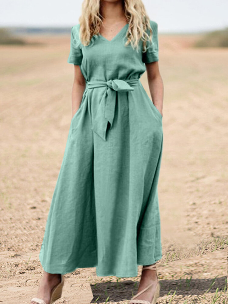 Solid Pocket Sash Short Sleeve Cotton Casual Maxi Dress Solid Pocket Sash Short Sleeve Cotton Casual Maxi Dress