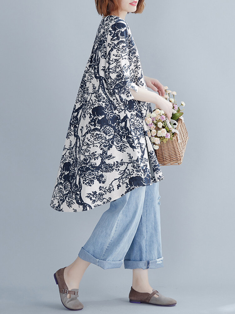 Plant Print Split V Neck High Low Hem Cotton Casual Blouse Plant Print Split V Neck High Low Hem Cotton Casual Blouse