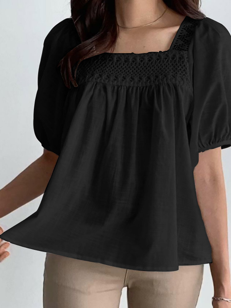 Solid Lace Patchwork Square Collar Short Sleeve Casual Cotton Blouse Solid Lace Patchwork Square Collar Short Sleeve Casual Cotton Blouse