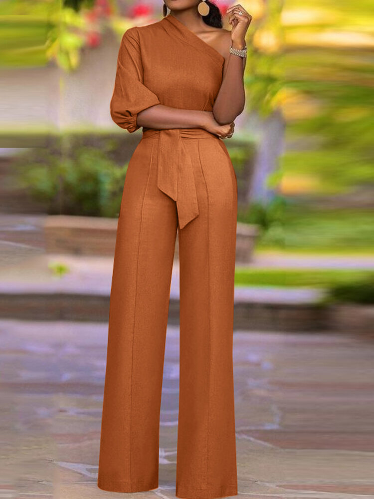 High Waist Solid Pocket Asymmetrical One Shoulder Jumpsuit High Waist Solid Pocket Asymmetrical One Shoulder Jumpsuit