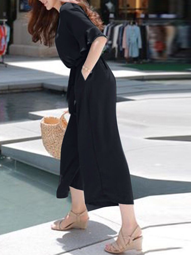 Solid Belt Pocket Button Ruffle Sleeve V neck Jumpsuit Solid Belt Pocket Button Ruffle Sleeve V neck Jumpsuit
